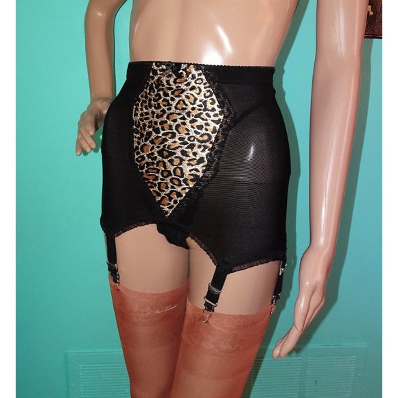Vintage Black Leopard Print Open Bottom Girdle Garters & Stocking Set S - Picture 2 of 10